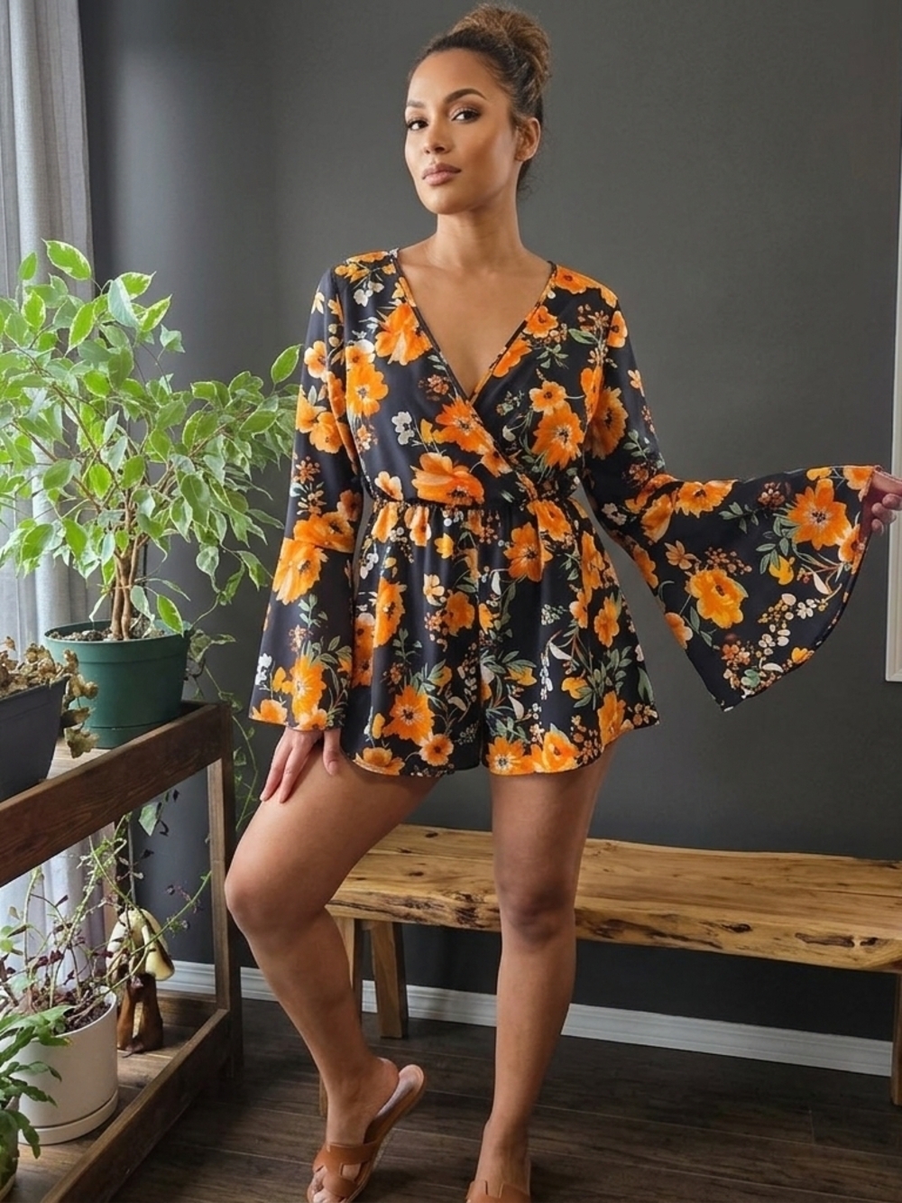 Black Floral Wrap V Neck Romper with Orange Blooms Size Med